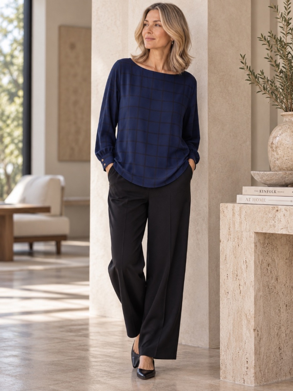 Eileen Fisher Navy Windowpane Plaid 100% Silk Blouse XL